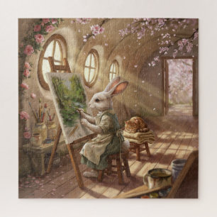 Whimsical Bunny Artist Painting on Easel Jigsaw Puzzle