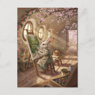 Whimsical Bunny Artist Painting on Easel Postcard