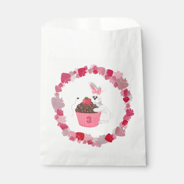 Whimsical Bunny, Bee & Strawberry Cupcake Birthday Favour Bag (Front)