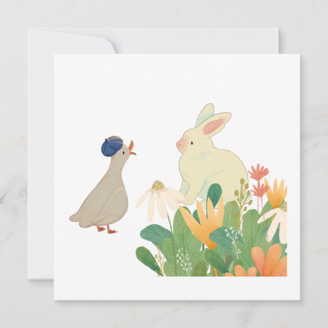 Whimsical Bunny & Bird in Bloom – Cute Spring Fore Invitation (Front)
