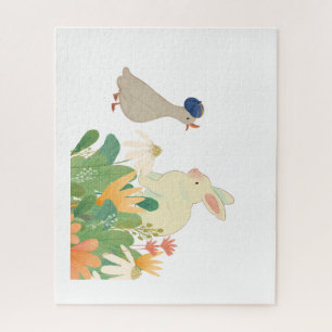 Whimsical Bunny & Bird in Bloom – Cute Spring Fore Jigsaw Puzzle