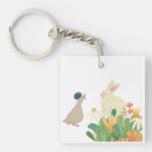 Whimsical Bunny & Bird in Bloom – Cute Spring Fore Key Ring