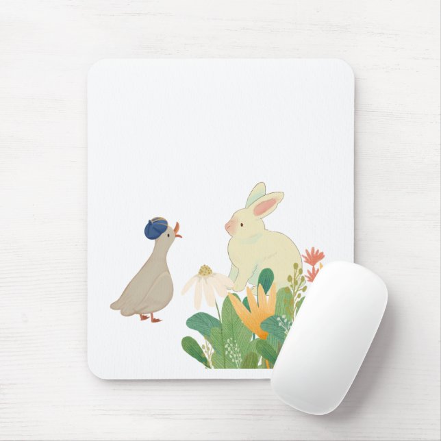 Whimsical Bunny & Bird in Bloom – Cute Spring Fore Mouse Pad (With Mouse)