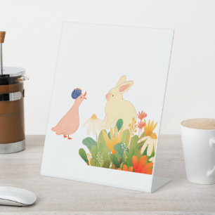 Whimsical Bunny & Bird in Bloom – Cute Spring Fore Pedestal Sign