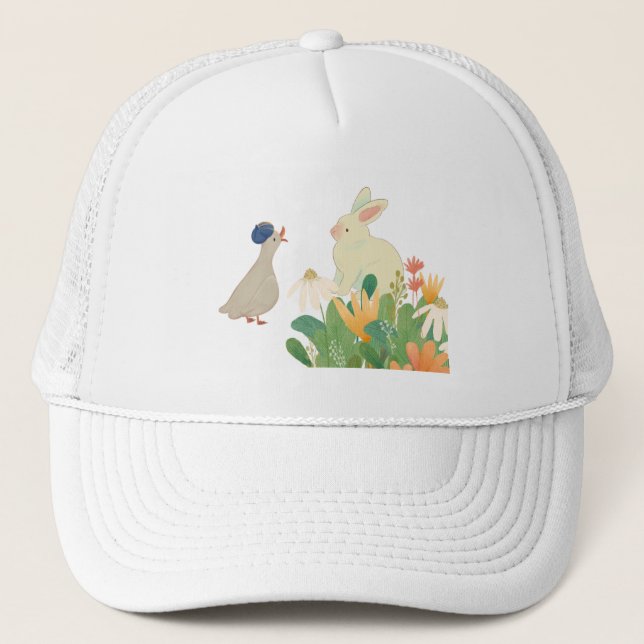 Whimsical Bunny & Bird in Bloom – Cute Spring Fore Trucker Hat (Front)