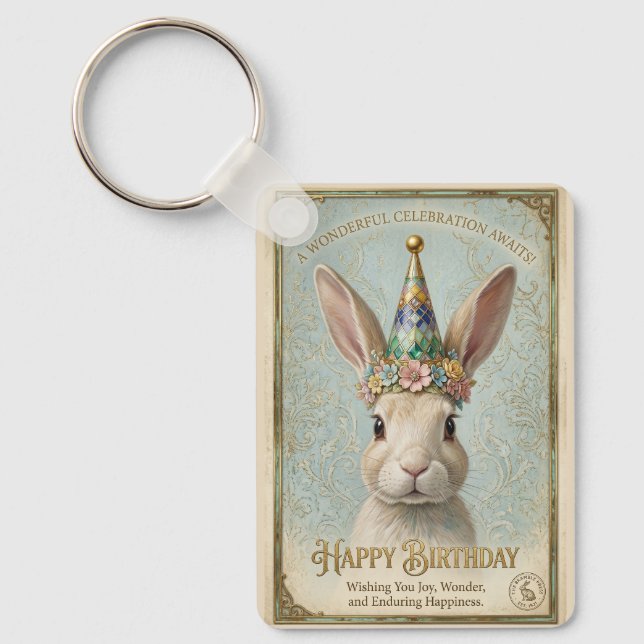 Whimsical Bunny Birthday Elegance Key Ring (Front)