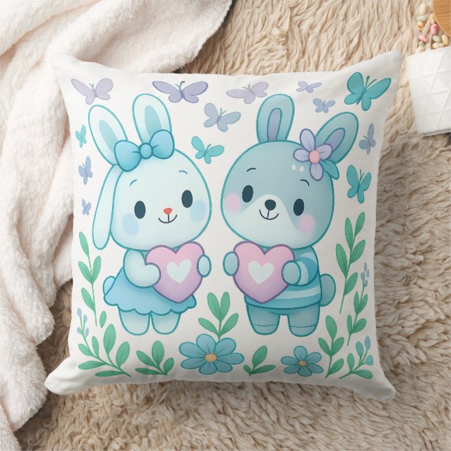 Whimsical Bunny Couple Heart Throw Pillow (Blanket)