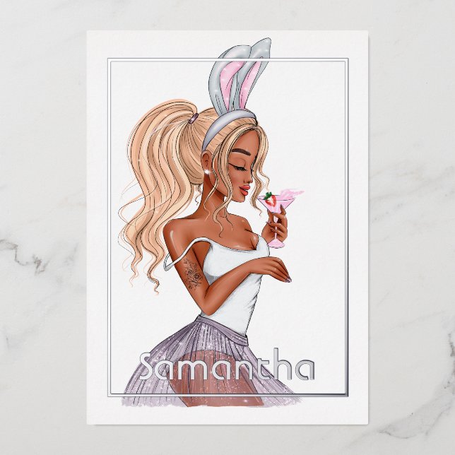 Whimsical Bunny Easter Birthday Cocktail Girl Foil (Front)