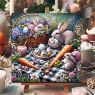 Whimsical Bunny Easter Picnic Pink Purple Flowers Holiday Card