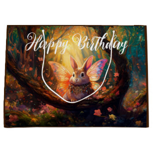 Whimsical bunny enchanted forest Happy Birthday Large Gift Bag