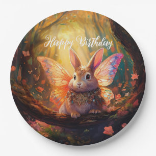 Whimsical bunny enchanted forest Happy Birthday Paper Plate