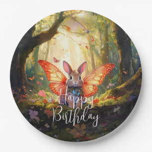 Whimsical bunny enchanted forest Happy Birthday Paper Plate