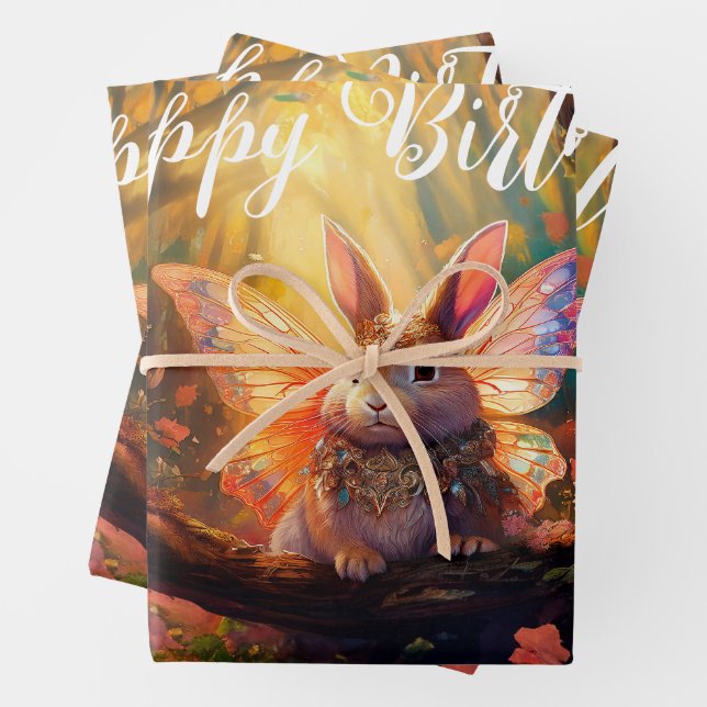 Whimsical bunny enchanted forest Happy Birthday Wrapping Paper Sheet (In situ)