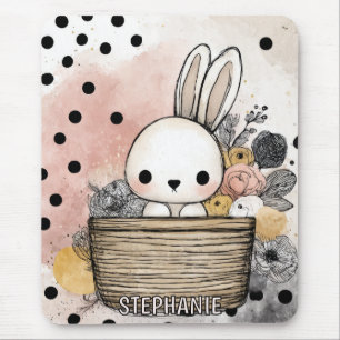 Whimsical Bunny Floral Watercolor Art Mouse Pad