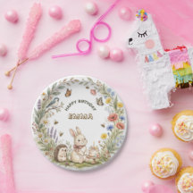Whimsical Bunny Garden Birthday Paper Plates | Cut