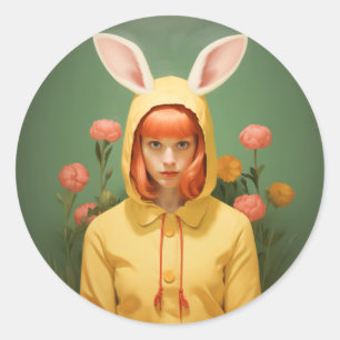 Whimsical Bunny-Hooded Girl Classic Round Sticker