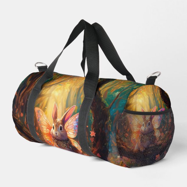 Whimsical bunny in an enchanted forest duffle bag (Right Corner)