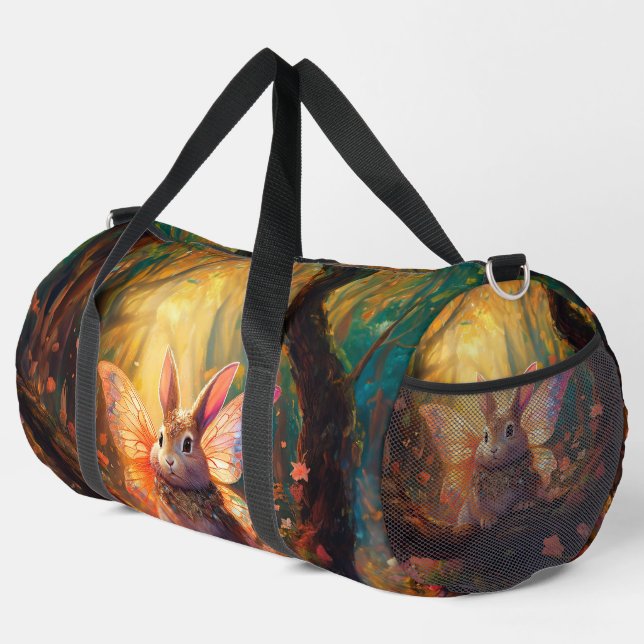 Whimsical bunny in an enchanted forest duffle bag (Right Corner)