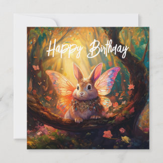 Whimsical bunny in enchanted forest Happy Birthday Card