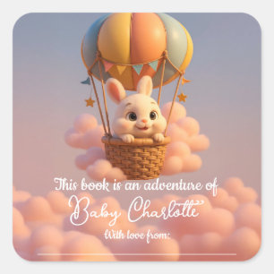 Whimsical Bunny in Hot Air Balloon Baby Shower Square Sticker
