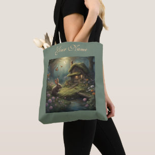 Whimsical Bunny in the Garden Mossy roof cabin Tote Bag