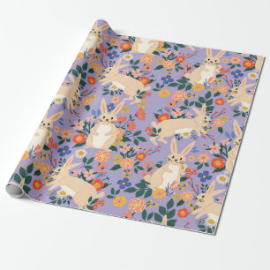 Whimsical Bunny & Lavender Floral Folk Art Wrapping Paper