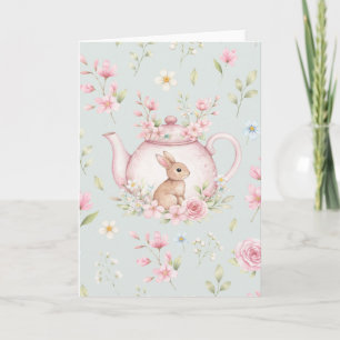 Whimsical Bunny Pink Teapot Floral Easter  Card