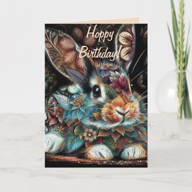 Whimsical Bunny Rabbit Floral Abstract Birthday Card (Front)