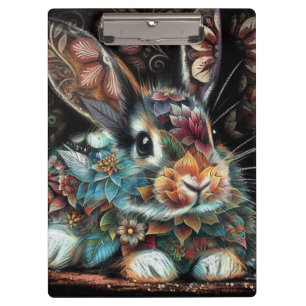 Whimsical Bunny Rabbit Floral Abstract Black Teal Clipboard
