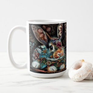 Whimsical Bunny Rabbit Floral Abstract Black Teal  Coffee Mug