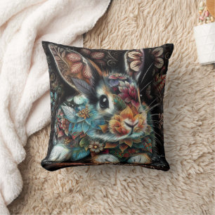Whimsical Bunny Rabbit Floral Abstract Black Teal Cushion