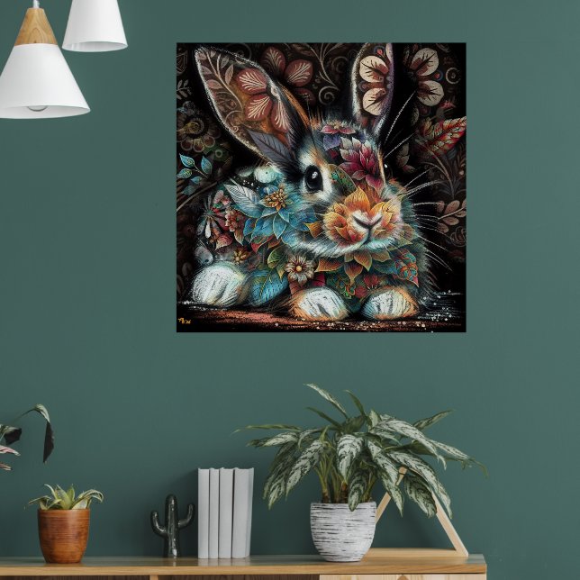 Whimsical Bunny Rabbit Floral Abstract Black Teal  Poster (Living Room 1)