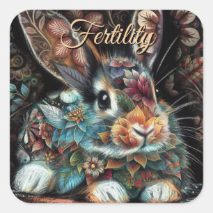 Whimsical Bunny Rabbit Floral Abstract Black Teal Square Sticker