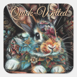 Whimsical Bunny Rabbit Floral Abstract Black Teal Square Sticker