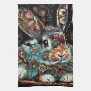 Whimsical Bunny Rabbit Floral Abstract Black Teal Tea Towel