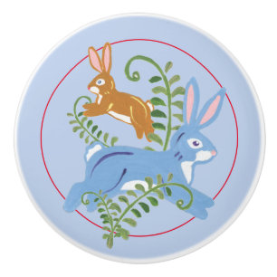 Whimsical Bunny Rabbit Folk Rustic Nursery Blue Ceramic Knob