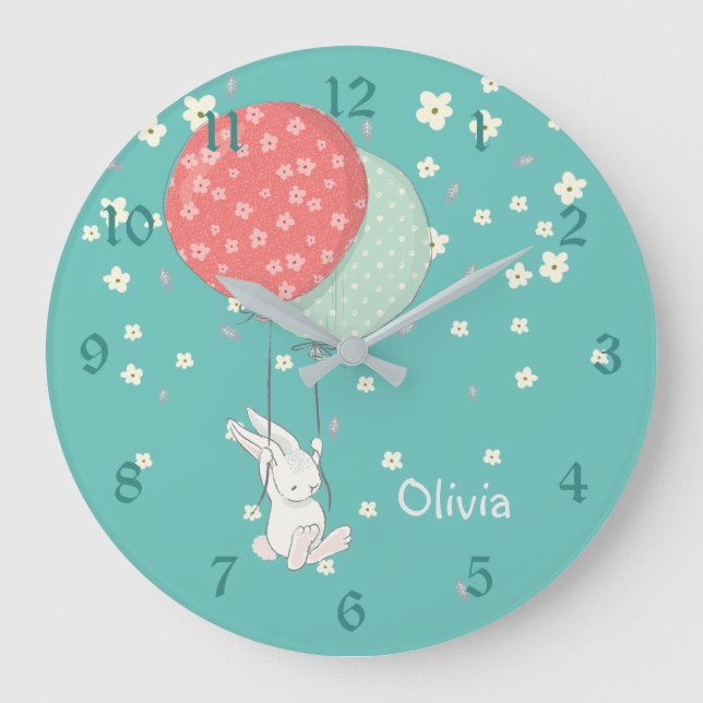Whimsical Bunny Rabbit Nursery Large Clock (Front)