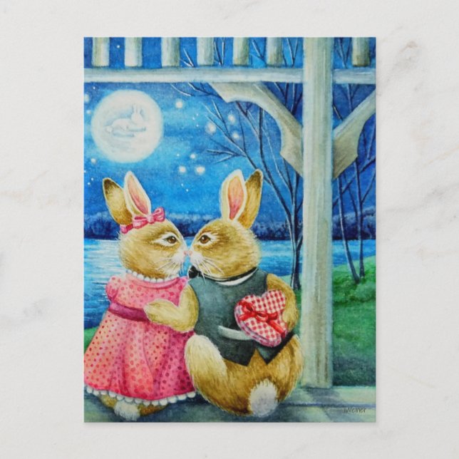 Whimsical Bunny Rabbit Valentines Watercolor Art Postcard (Front)