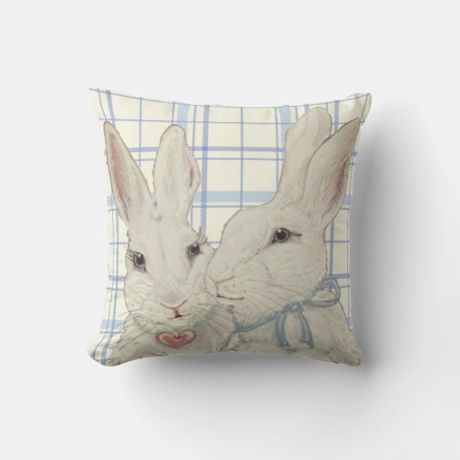 Whimsical Bunny Rabbits Blue Plaid Easter Cushion (Front)