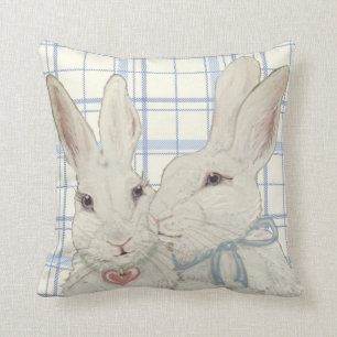 Whimsical Bunny Rabbits Blue Plaid Easter Cushion