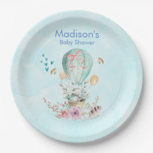 Whimsical Bunny Riding in a Balloon Baby Shower Paper Plate