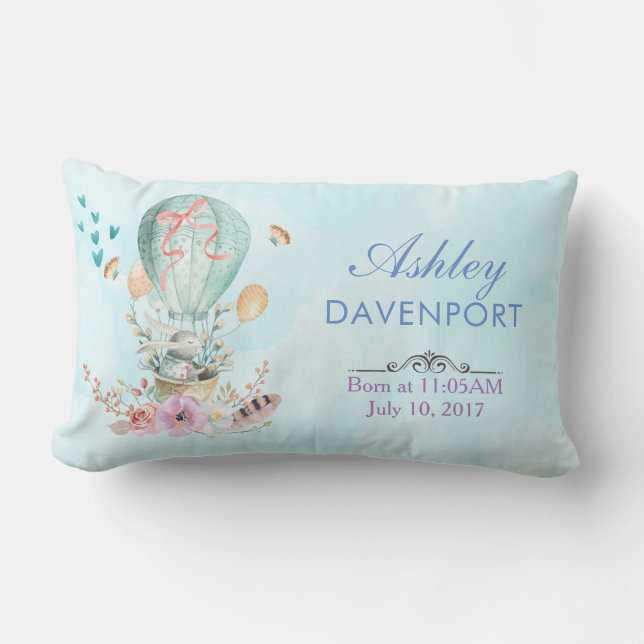 Whimsical Bunny Riding in a Hot Air Balloon Baby Lumbar Cushion (Front)