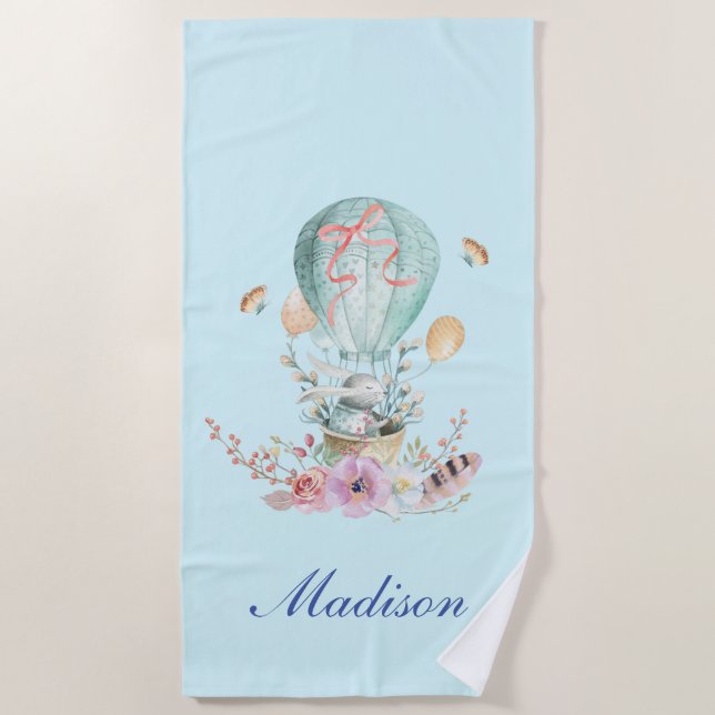 Whimsical Bunny Riding in a Hot Air Balloon Beach Towel (Front)