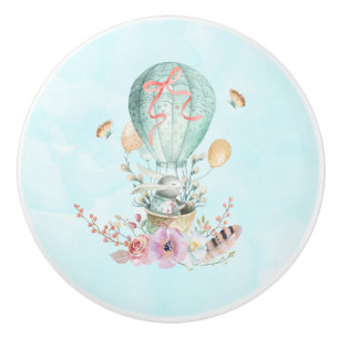 Whimsical Bunny Riding in a Hot Air Balloon Ceramic Knob