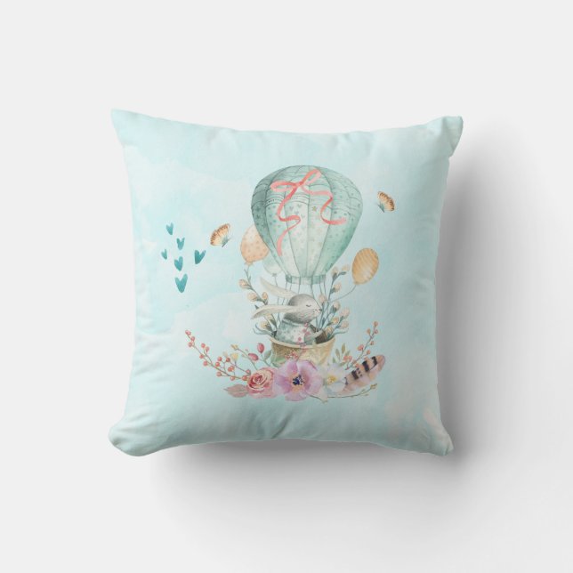 Whimsical Bunny Riding in a Hot Air Balloon Cushion (Front)