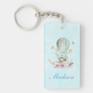 Whimsical Bunny Riding in a Hot Air Balloon Key Ring
