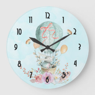 Whimsical Bunny Riding in a Hot Air Balloon Large Clock