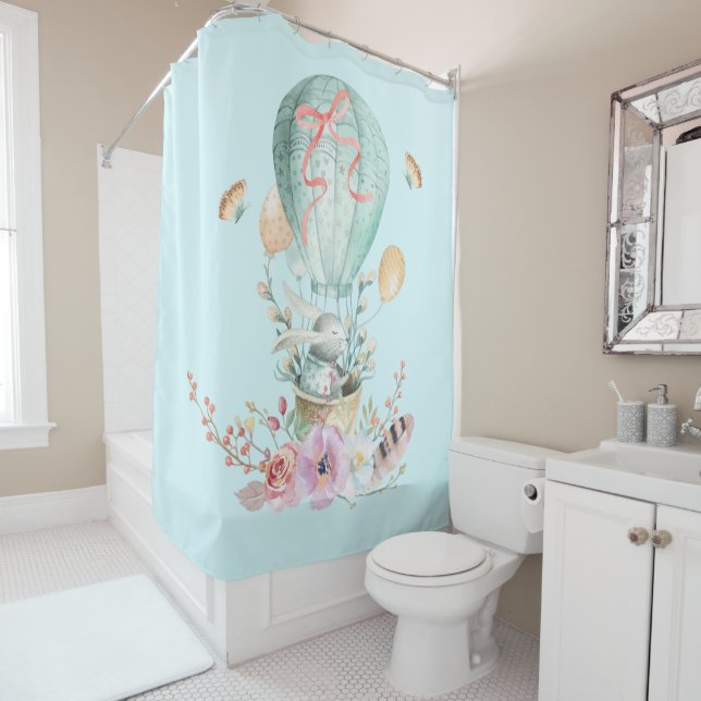 Whimsical Bunny Riding in a Hot Air Balloon Shower Curtain (In Situ)