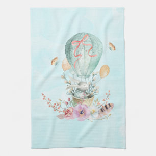 Whimsical Bunny Riding in a Hot Air Balloon Tea Towel