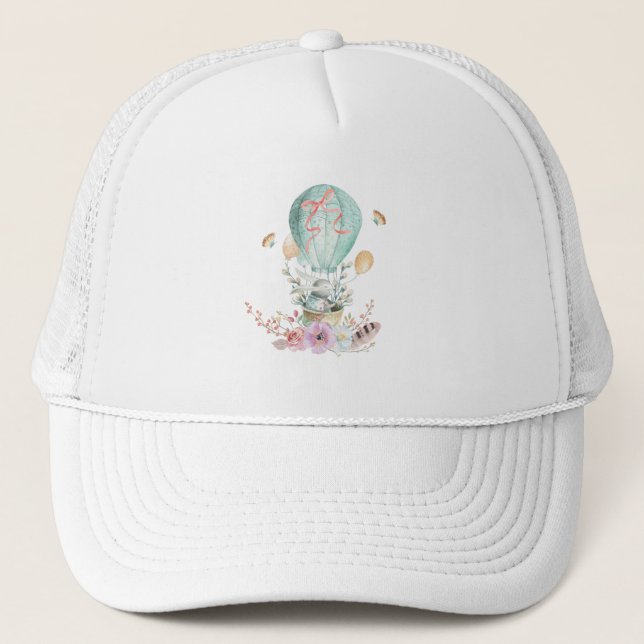 Whimsical Bunny Riding in a Hot Air Balloon Trucker Hat (Front)